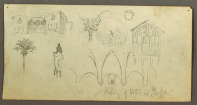 Dibujo, Casa señorial, Figura a caballo, Camello, Estudios arquitectónicos, Palmera, posiblemente 1868 de Frederic Edwin Church