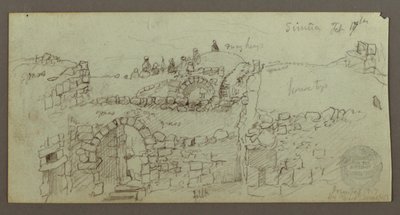 Dibujo, edificio de piedra, hombres reunidos en el tejado, 17 de febrero, posiblemente 1868 de Frederic Edwin Church