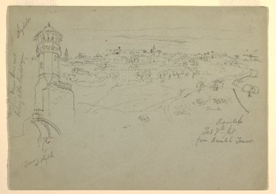 Dibujo, Torre de Lydda y Ramleh vista desde la Torre de Ramleh, Palestina [Ramleh, Israel], 7 y 10 de febrero de 1868. de Frederic Edwin Church