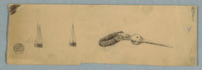 Dibujo, Barco de dos mástiles fondeado y eje de un artefacto, 1850-51 de Frederic Edwin Church