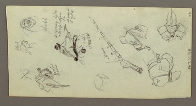 Dibujo, Dos figuras montando a caballo, portando lanzas, espadas, la parte inferior de un cañón, etc., posiblemente 1868 de Frederic Edwin Church