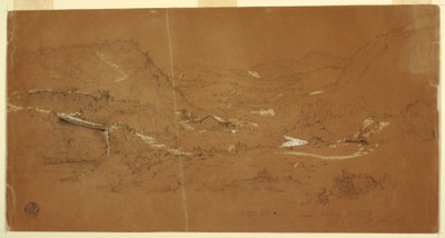 Dibujo, Valle con un puente y casas, cerca de Guaranda, Ecuador, 5 de junio de 1857 de Frederic Edwin Church