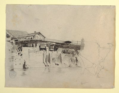 Dibujo, Vista del puente y las casas de Honda, Colombia, 1853 de Frederic Edwin Church