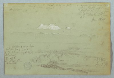 Dibujo, Vistas del volcán Artisana desde o cerca de Quito, y un cielo nublado sobre una cresta montañosa, Ecuador, 23 de junio de 1857. de Frederic Edwin Church