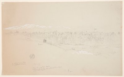 Dibujo, aldea de Kuseiyeh, Monte Líbano a lo lejos, mayo de 1868 de Frederic Edwin Church