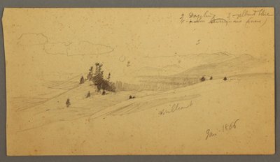 Dibujo, Colina boscosa, Valle montañoso, Sol, enero de 1866 de Frederic Edwin Church