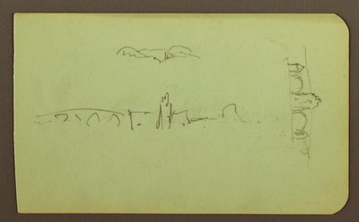 Dibujo, colinas, iglesia, puente; Verso: figura, cruz, iglesia, 1883 de Frederic Edwin Church