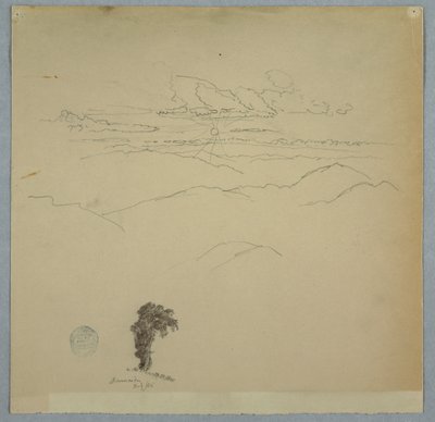 Paisaje montañoso con un sol poniente y un árbol, Jamaica, julio de 1865 de Frederic Edwin Church