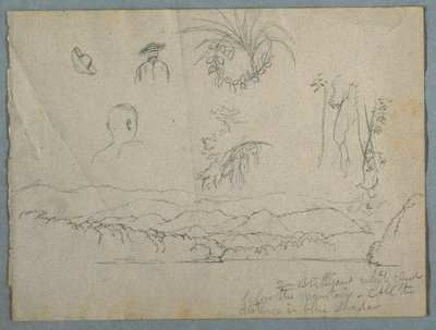 Orilla del río con montañas y nubes, tres bocetos botánicos y estudios de bustos de hombres con sombreros de Frederic Edwin Church