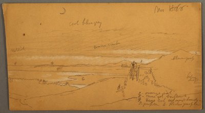 Río a través del valle montañoso con cielo y luna creciente de Frederic Edwin Church