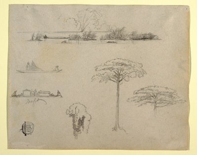 Bocetos de Colombia: Paisaje fluvial, hombres en balsas y árboles de Frederic Edwin Church