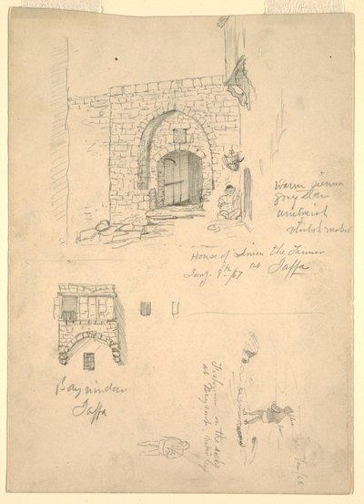 Bocetos de la casa de Semon el curtidor, Jaffa, Palestina [Tel-Aviv, Israel] y pescadores en las rocas en Beirut, Siria [Beirut, Líbano] de Frederic Edwin Church
