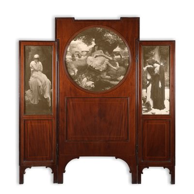Biombo de caoba de tres pliegues con incrustaciones de impresión de Frederic Leighton