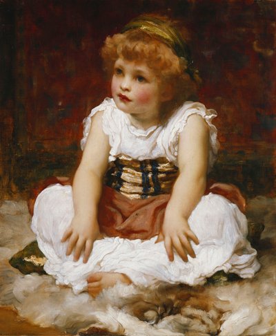 Retrato de una niña sentada en una alfombra de Frederic Leighton