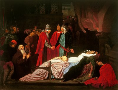 La Reconciliación de los Montesco y los Capuleto sobre los Cuerpos Muertos de Romeo y Julieta de Frederic Leighton