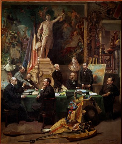Los Delegados de las Colonias en noviembre de 1892 De izquierda a derecha: Chesse (Tahiti), Mager (Diego Suares), Dussac (Nossy-Be), de Faymoreau (Mayotte), Jules Ferry (Annam y Tonkin), Soller (Guinea Francesa), Cudenet (Nueva Caledonia). Pintura de Frédé de Frederic Regamey
