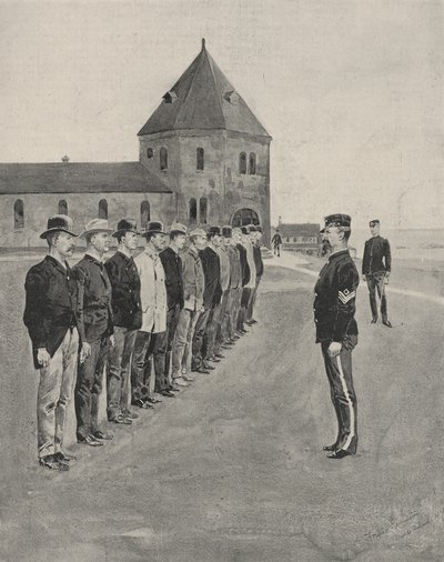 Una Primera Lección en el Arte de la Guerra. Reclutas para los Dos Regimientos Adicionales de Artillería en Fort Slocum, Isla Davids, Long Island Sound de Frederic Remington