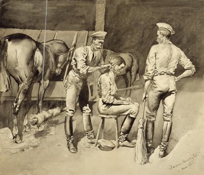 Un corte de pelo en un establo de caballería de Frederic Remington