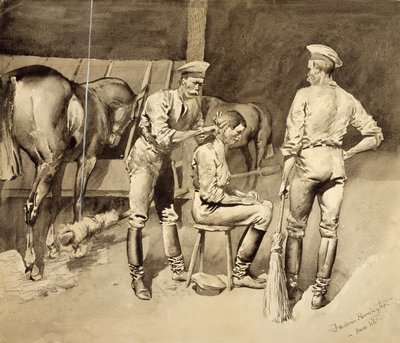 Un corte de pelo en un establo de caballería, c.1893 de Frederic Remington