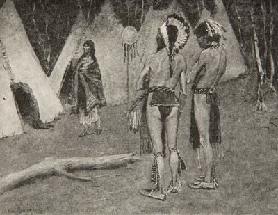 Y sus amantes, los rechazados,... Hombres guapos con pintura y plumas, de La canción de Hiawatha de Henry Wadsworth Longfellow, pub. por George G. Harrap und Company Ltd., 1911 de Frederic Remington
