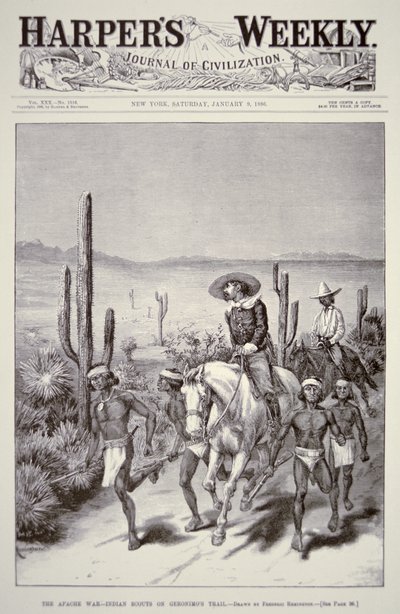 Exploradores Apaches lideran una patrulla del ejército en persecución de Geronimo (1829-1909) de 