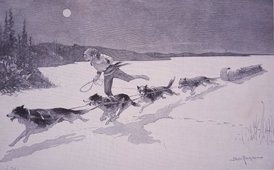 Trampero de pieles en Canadá con perros huskies en lago congelado de Frederic Remington