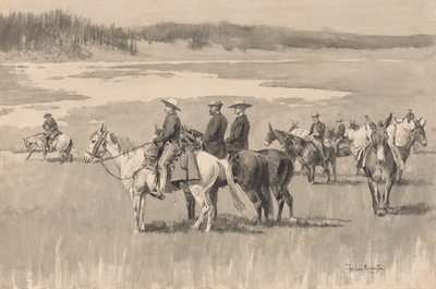En las Cabeceras--Burgess Encontrando un Vado, ca. 1893 de Frederic Remington