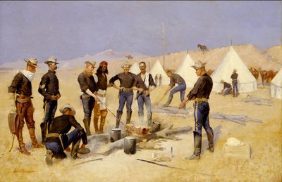 Asar la carne navideña en un campamento de caballería de Frederic Remington