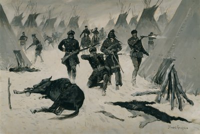 La derrota de Crazy Horse por el Coronel Miles, enero de 1877, ataque invernal a una aldea india c.1901, posiblemente c.1896 de Frederic Remington
