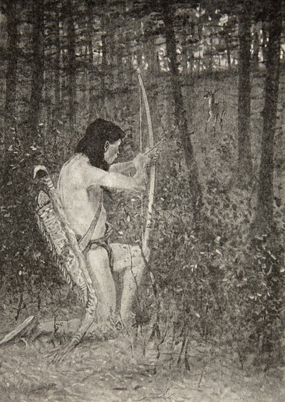 Entonces, levantándose sobre una rodilla, Hiawatha apuntó una flecha, de 