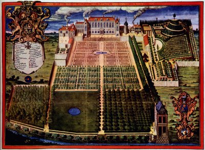 Vista del jardín real (jardín de plantas) - en Descripción del jardín real de plantas medicinales por Scalberge de Frederic Scalberge