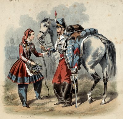 El ejército francés y sus cantineras: Húsar y cantinera de tropa de línea de Frederic Sorrieu