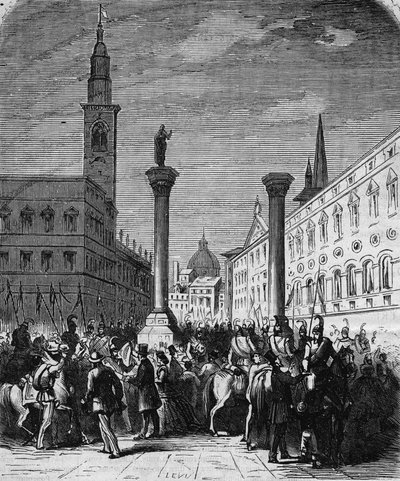 La caballería del Reino de Italia ocupando la Piazza dei Signori en Vicenza, liberada de los austriacos en 1866. Grabado de un dibujo de Lix. En 