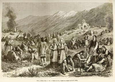 Una fiesta en Tebas, la del careme de la Virgen, que reúne a todos los habitantes de la ciudad y sus alrededores, cada familia roba una oveja para la ocasión, en primer plano, los hombres preparan el animal antes de cocinarlo. Grabado después del dibujo de de Frederic Theodore Lix