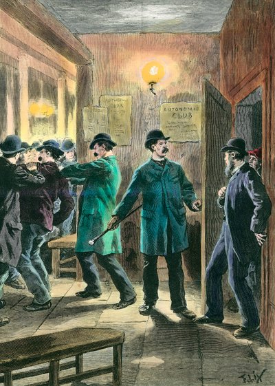 Anarquistas en Inglaterra: La policía realiza arrestos en el club autonomista de Londres. Grabado de Frederic Lix (1830-1897) de Frederic Theodore Lix