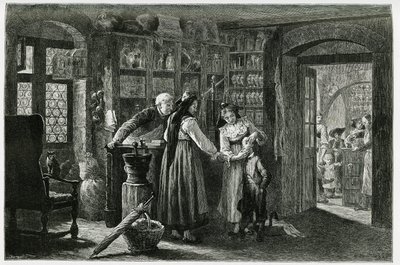 En la farmacia del pueblo de Kaysersberg (o Kaisersberg, Alsacia), una consulta de emergencia. Grabado por F. Lix, para ilustrar la historia “Through Alsace and Lorraine”, en 1884, por Charles Grad (1842-1890), diputado, escritor y naturalista alemán. de Frederic Theodore Lix