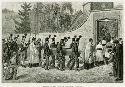 Entierro de un minero. Grabado de Lix, para ilustrar la historia A través de Alsacia y Lorena, en 1887, por Charles Grad, diputado alemán, en Le Tour du monde 1888, dirigido por Edouard Charton (1807-1890), Hachette, París. de Frederic Theodore Lix