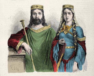 Clodoveo (481-511) rey de los francos con su segunda esposa Santa Clotilde. Grabado por Lix. de Frederic Theodore Lix