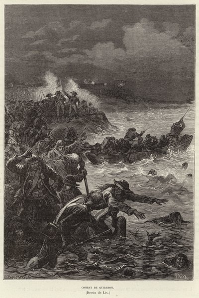 Combate de Quiberon. Partidarios de la Chouannerie y el levantamiento de Vendee intentando huir de las fuerzas republicanas en Quiberon, Francia, Revolución Francesa de Frederic Theodore Lix