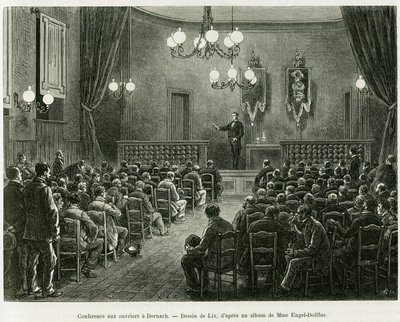 Conferencia a los trabajadores de los talleres Dollfus Mieg, en Dornach. Grabado por Lix para ilustrar la historia A través de Alsacia y Lorena, por Charles Grad, diputado alemán, en 1885, en Le tour du monde 1886, dirigido por Edouard Charton (1807-1890), de Frederic Theodore Lix