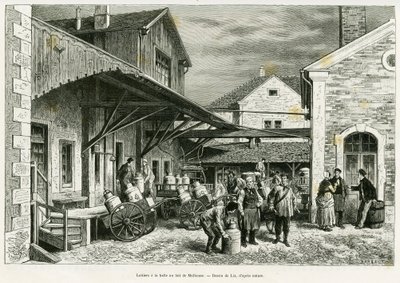 Lechería en el Salón de la Leche de Mulhouse. Grabado de Lix para ilustrar la historia A través de Alsacia y Lorena, por Charles Grad, diputado alemán, en 1885, en Le Tour du monde 1887, bajo la dirección de Edouard Charton (1807-1890), Hachette, París. de Frederic Theodore Lix