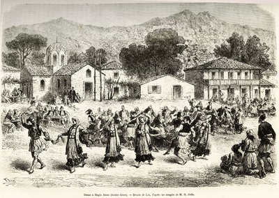 Danza folclórica en la plaza del pueblo Haggia Anna (Santa Ana). Grabado según el dibujo de Lix, para ilustrar el viaje a Grecia, por Henri Belle, en 1861-1868-1874, publicado en “Le tour du monde” 1876, editado por Edouard Charton, edición Hachette, París de Frederic Theodore Lix