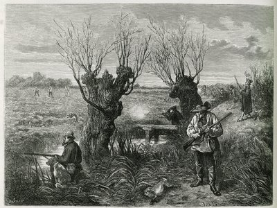 Caza de liebres. Grabado de F. Lix, para ilustrar la historia 
