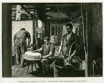 Dentro de una fábrica de quesos. Grabado de Lix, para ilustrar la historia A través de Alsacia y Lorena, de Charles Grad, diputado alemán, en 1885, en Le Tour du Monde 1887, bajo la dirección de Edouard Charton (1807-1890), Hachette, París. de Frederic Theodore Lix
