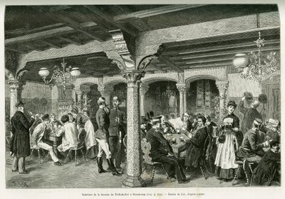 Interior de la taberna Tiefenkeller en Estrasburgo. Grabado de Lix, para ilustrar la historia A través de Alsacia y Lorena, en 1887, de Charles Grad, diputado alemán, en Le Tour du Monde 1888, dirigido por Edouard Charton (1807-1890), Hachette, París. de Frederic Theodore Lix