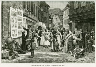 Cantante de lamentos en las calles de Barr. Grabado de Lix, para ilustrar la historia A través de Alsacia y Lorena, en 1887, de Charles Grad, diputado alemán, en Le Tour du Monde 1888, dirigido por Edouard Charton (1807-1890), Hachette, París. de Frederic Theodore Lix