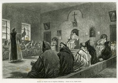 Reunión del capítulo entre los trapenses de Oelenberg. Grabado de Lix para ilustrar la historia A través de Alsacia y Lorena, de Charles Grad, diputado alemán, en 1885, en Le Tour du Monde 1887, bajo la dirección de Edouard Charton (1807-1890), Hachette, P de Frederic Theodore Lix