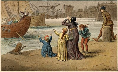Canción popular: “A Nantes est arrivé”. Niños lloran a su madre, llevada por un marinero. Ilustración (detalle) de Frédéric Théodore Lix (1830-1897) en “Chansons et rondes enfantines des provinces de la France” de Frederic Theodore Lix