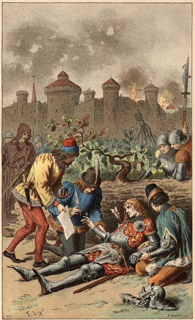 Canción popular: “Era el Gran Duque de Maine”. Muerte del Duque de Maine, atravesado por una flecha. Ilustración de Frédéric Théodore Lix (1830-1897) en “Chansons et rondes enfantines des provinces de la France” de Frederic Theodore Lix