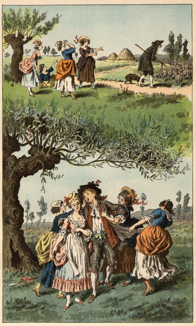 Canción popular: "Éramos tres chicas". Ilustración de Frédéric Théodore Lix (1830-1897) en "Chansons et rondes enfantines des provinces de la France" de Frederic Theodore Lix